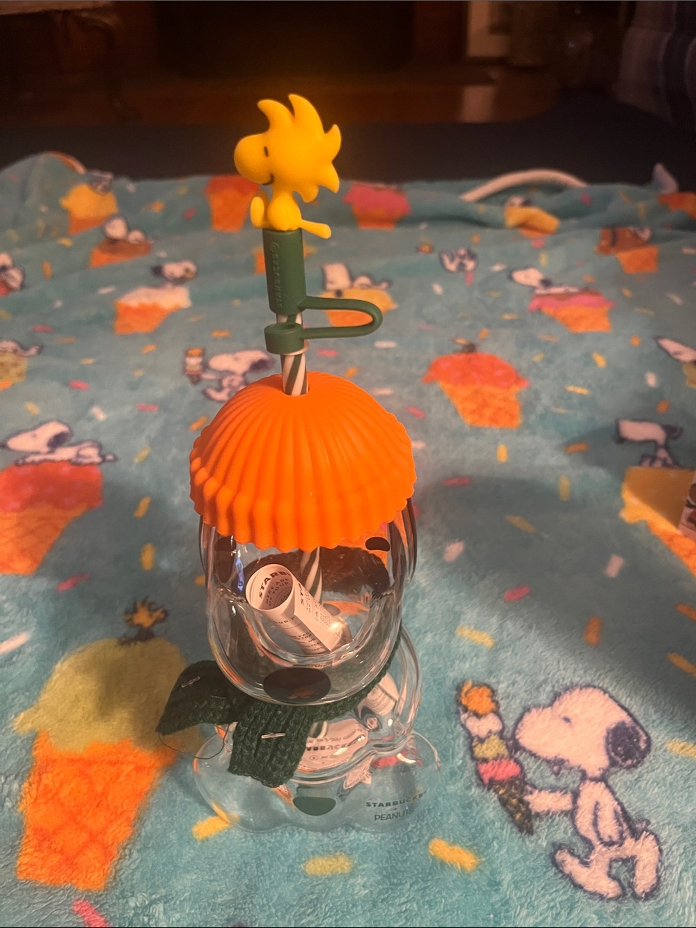 Starbucks Orange Silicone Lid with Yellow Woodstock Straw Topper